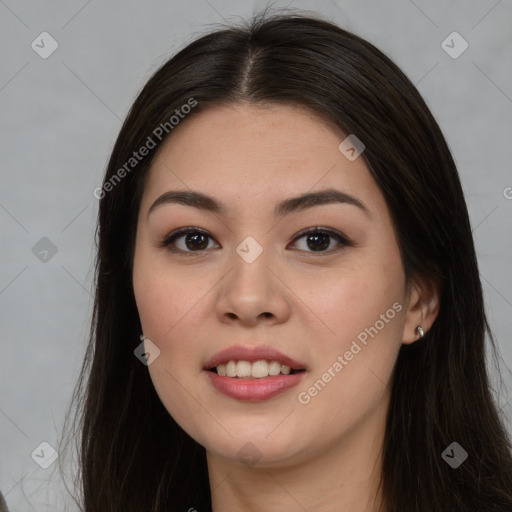 Joyful asian young-adult female with long  brown hair and brown eyes