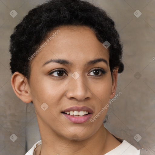 Joyful latino young-adult female with short  brown hair and brown eyes