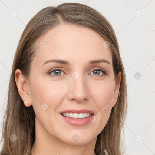 Joyful white young-adult female with long  brown hair and grey eyes