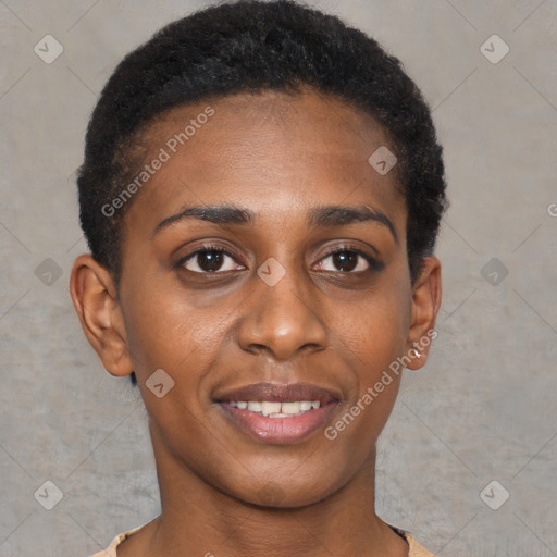 Joyful black young-adult female with short  brown hair and brown eyes