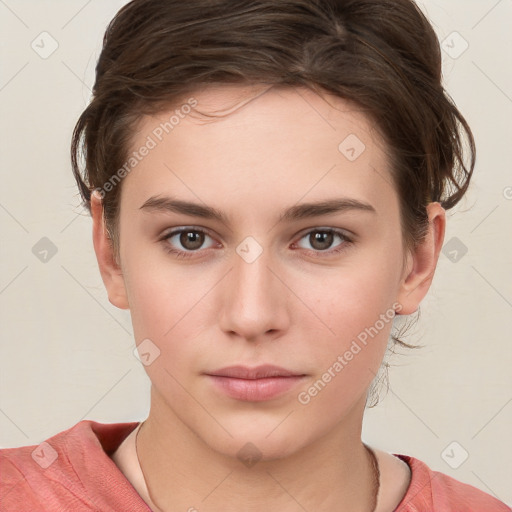 Neutral white young-adult female with medium  brown hair and brown eyes