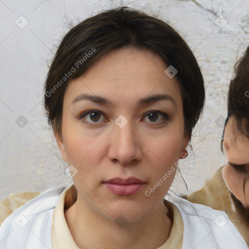 Neutral white young-adult female with medium  brown hair and brown eyes