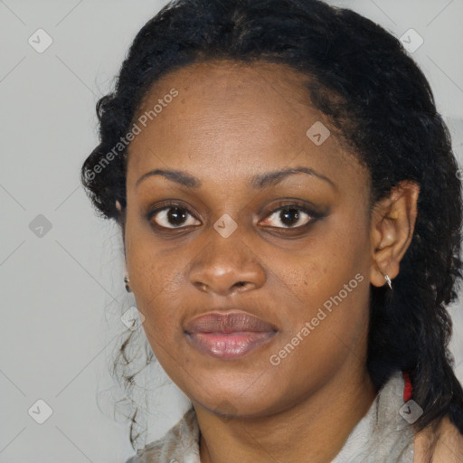 Joyful black young-adult female with medium  black hair and brown eyes
