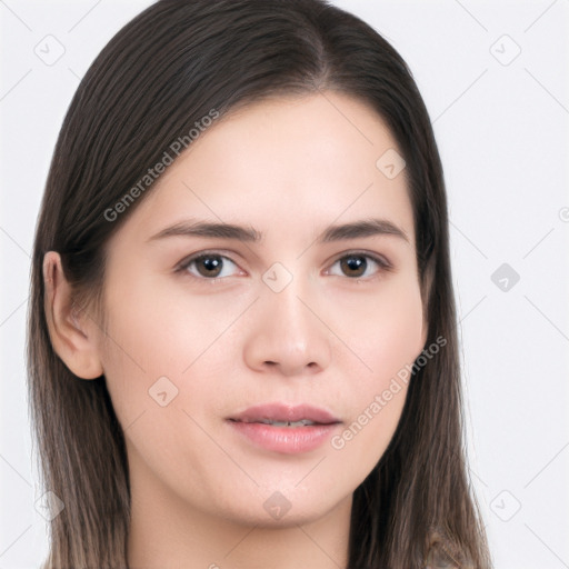 Neutral white young-adult female with long  brown hair and brown eyes