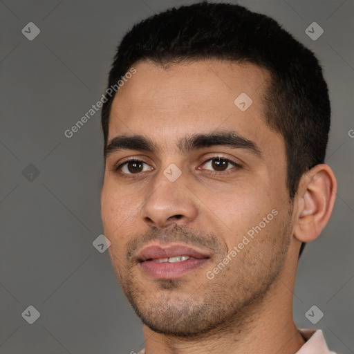 Neutral white young-adult male with short  black hair and brown eyes