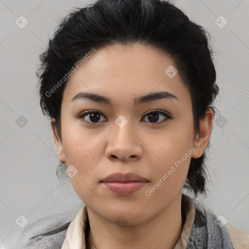 Joyful asian young-adult female with medium  black hair and brown eyes