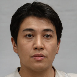 Neutral asian young-adult male with short  brown hair and brown eyes