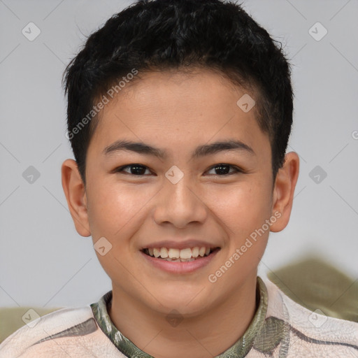 Joyful latino young-adult male with short  brown hair and brown eyes