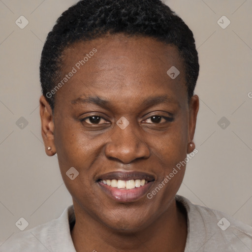 Joyful black young-adult male with short  brown hair and brown eyes