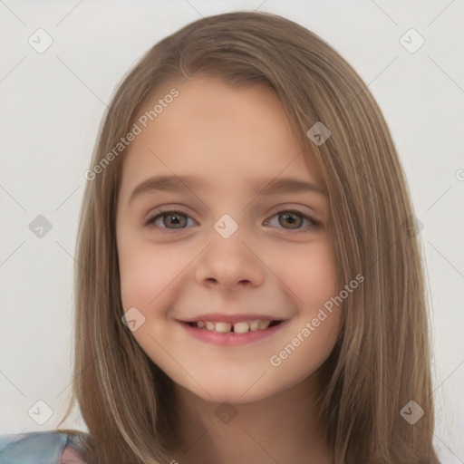 Joyful white child female with medium  brown hair and brown eyes