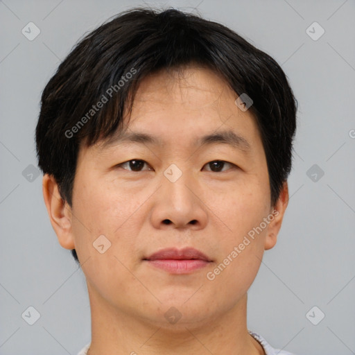 Neutral asian adult male with short  brown hair and brown eyes