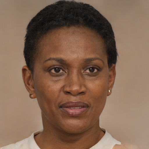 Joyful black adult female with short  black hair and brown eyes