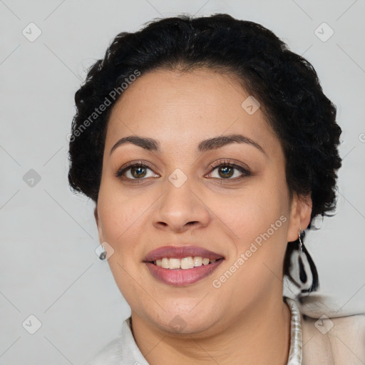 Joyful latino young-adult female with short  brown hair and brown eyes