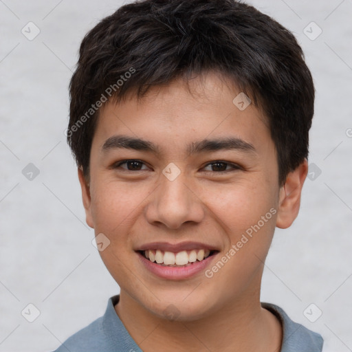 Joyful asian young-adult male with short  brown hair and brown eyes