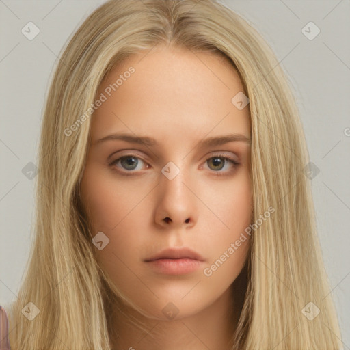 Neutral white young-adult female with long  brown hair and brown eyes