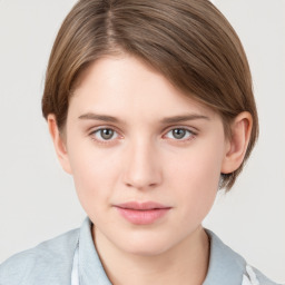 Neutral white young-adult female with short  brown hair and grey eyes