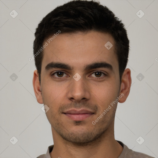 Neutral white young-adult male with short  brown hair and brown eyes