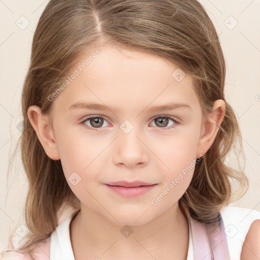 Joyful white child female with medium  brown hair and brown eyes