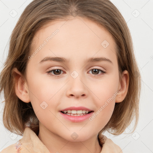 Joyful white child female with medium  brown hair and brown eyes