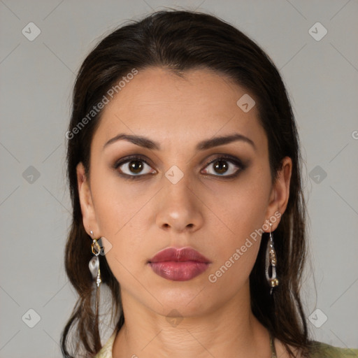 Neutral white young-adult female with long  brown hair and brown eyes