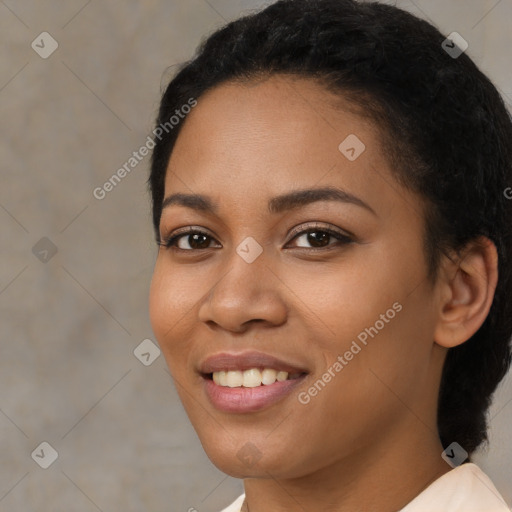 Joyful latino young-adult female with short  black hair and brown eyes