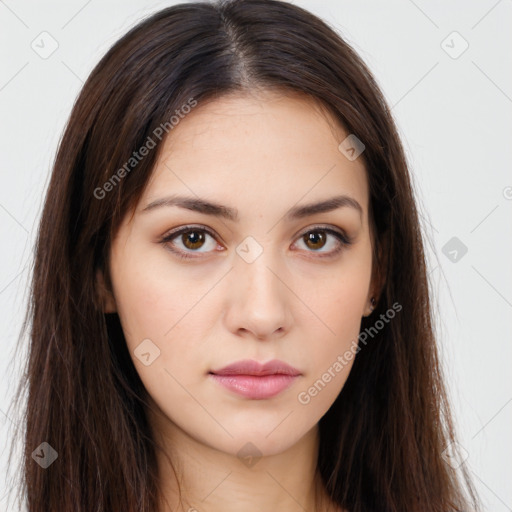 Neutral white young-adult female with long  brown hair and brown eyes