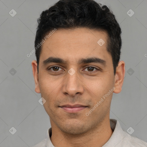 Neutral white young-adult male with short  black hair and brown eyes