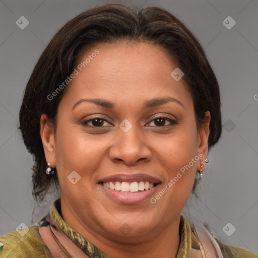 Joyful white adult female with medium  brown hair and brown eyes