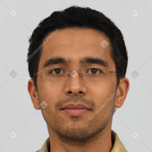 Neutral asian young-adult male with short  black hair and brown eyes