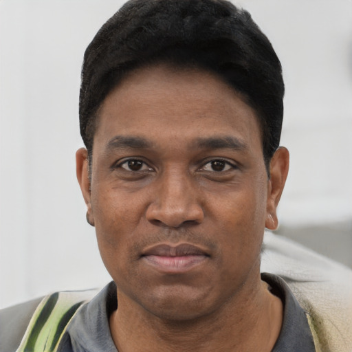 Joyful black young-adult male with short  black hair and brown eyes