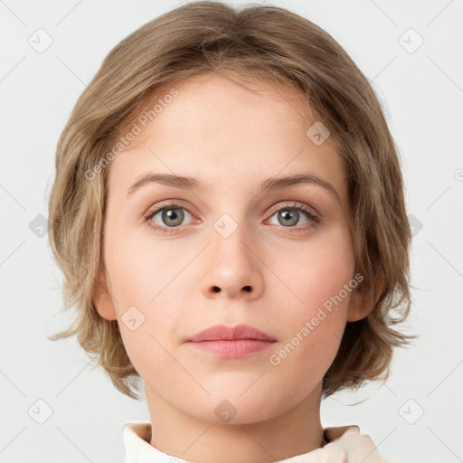 Neutral white young-adult female with medium  brown hair and grey eyes