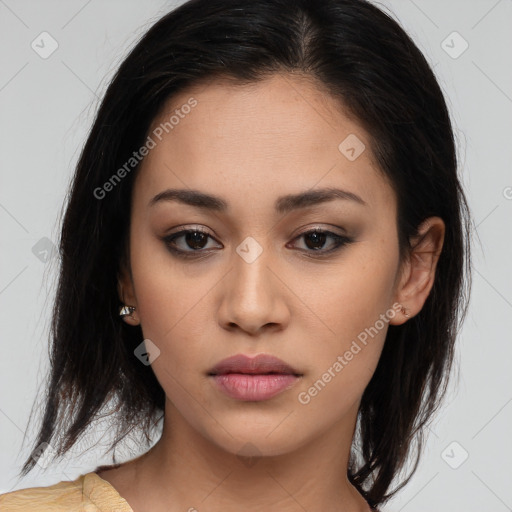 Neutral white young-adult female with medium  brown hair and brown eyes