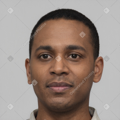 Neutral black young-adult male with short  black hair and brown eyes