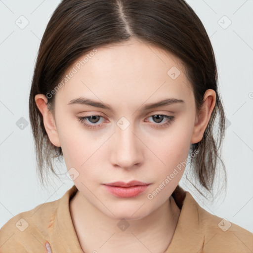 Neutral white young-adult female with medium  brown hair and brown eyes