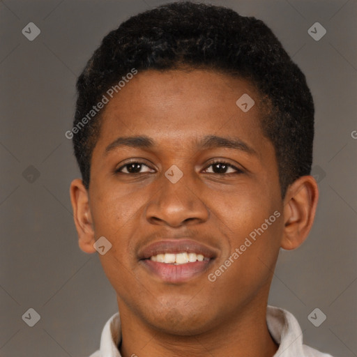 Joyful black young-adult male with short  brown hair and brown eyes