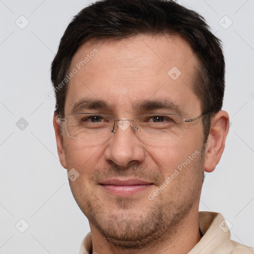 Joyful white adult male with short  brown hair and brown eyes