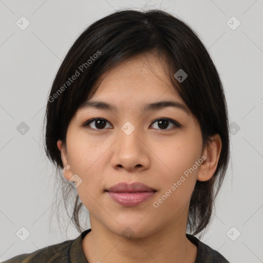 Neutral asian young-adult female with medium  black hair and brown eyes