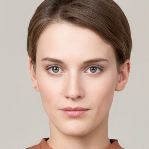 Neutral white young-adult female with short  brown hair and grey eyes