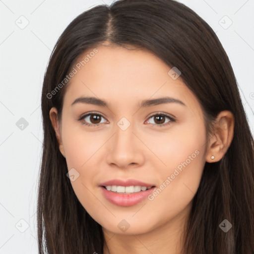 Joyful asian young-adult female with long  brown hair and brown eyes