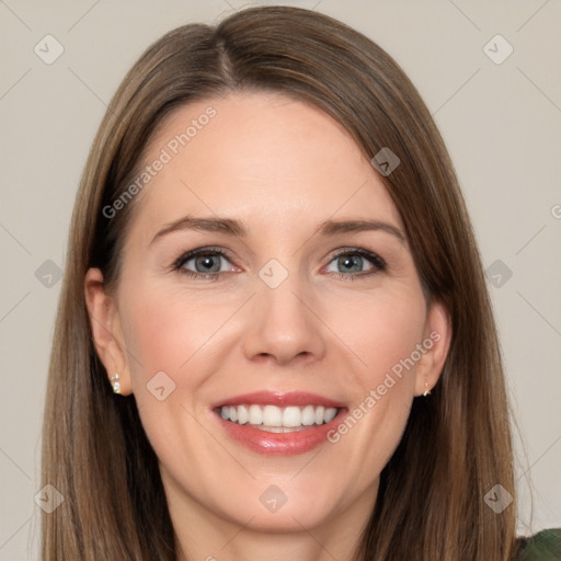 Joyful white young-adult female with long  brown hair and grey eyes