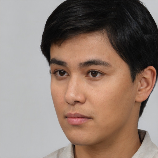 Neutral white young-adult male with short  black hair and brown eyes