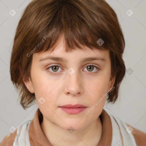 Neutral white child female with medium  brown hair and grey eyes