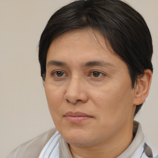 Joyful white adult female with short  brown hair and brown eyes