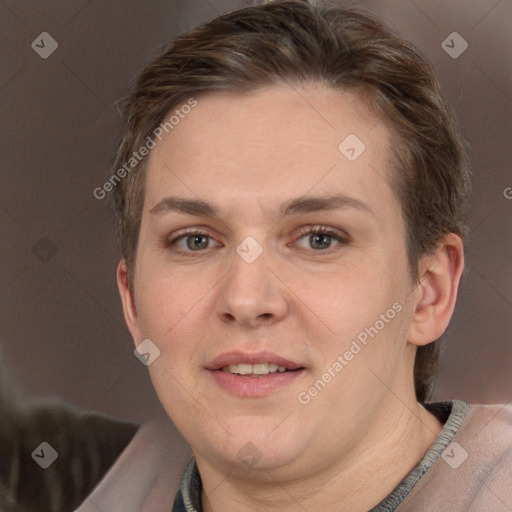 Joyful white adult female with short  brown hair and grey eyes