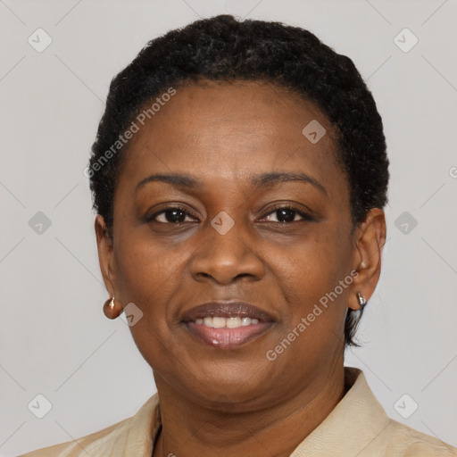 Joyful black adult female with short  brown hair and brown eyes