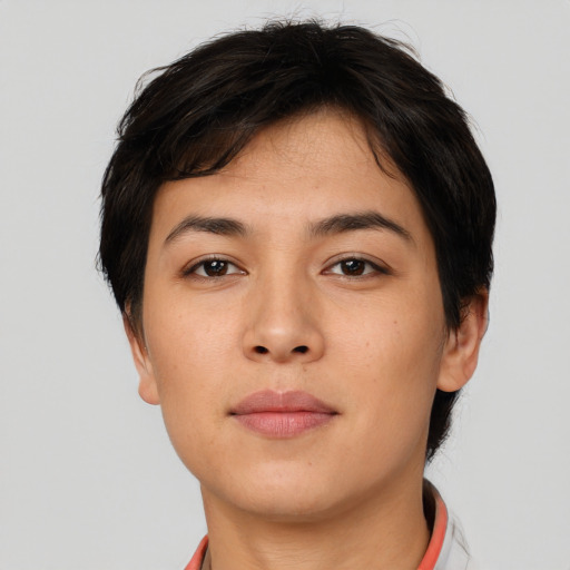 Neutral white young-adult female with short  black hair and brown eyes