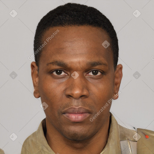 Neutral black young-adult male with short  black hair and brown eyes