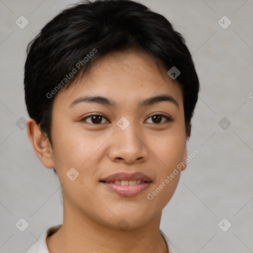 Joyful asian young-adult female with short  brown hair and brown eyes