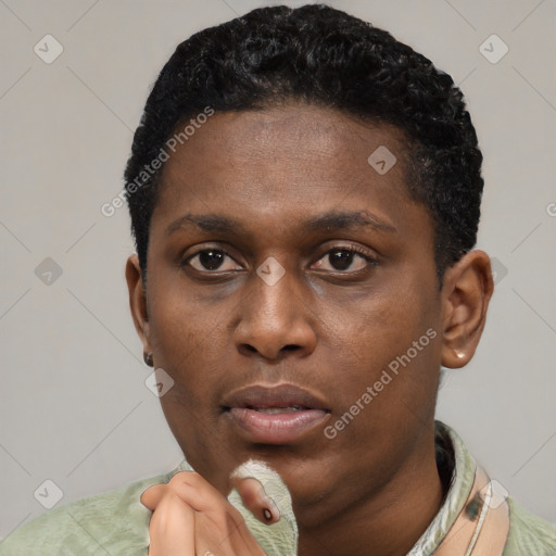 Neutral latino young-adult male with short  black hair and brown eyes