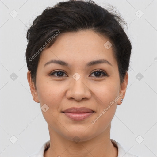 Joyful asian young-adult female with short  brown hair and brown eyes